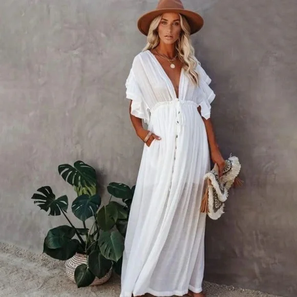Elegant White Kimono Beach Maxi Dress - Picture 1 of 3